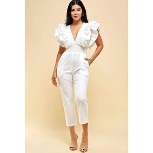 White Ruffled Sleeve Jumpsuit Summer Small‎